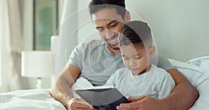 Father, boy and child with tablet in bedroom for online games, reading ebook story and educational media. Man, dad and