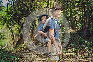 The father carries his son in a baby carrying is hiking in the f