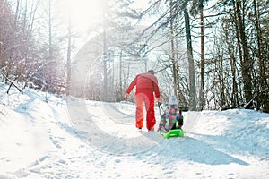 Father carries the sled with his little daughter on the snow slope in winter forest