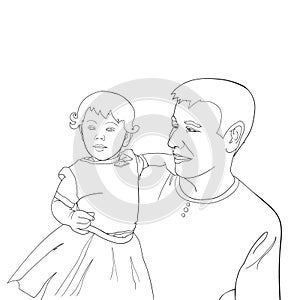 Father Carrying Daughter On His hands. Father`s Day hand drawn illustration isolated on white. Family, Parent, Offspring, Love,