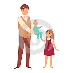 Father carrying daughter twins and sisters kids together vector character relationship. Happy parenting cartoon love