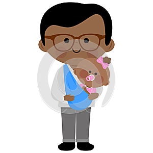 Father carrying his baby girl in a sling. Vector illustration