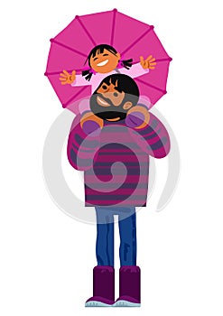 Father carrying his little daughter on shoulders. Happy family under an umbrella. Cartoon vector.
