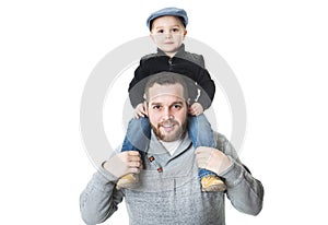 Father carrying his son on shoulders - isolated over a white background