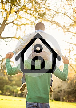 Father carrying son on his shoulders overlaid with house shape