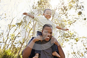 Father Carrying Son On Shoulders As They Walk In Park