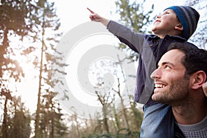 Father Carrying Son On Shoulders During Countryside Walk