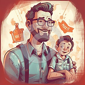 Father with carton child, father and son, Father& x27;s day illustration with parent and child clean design happy illustration