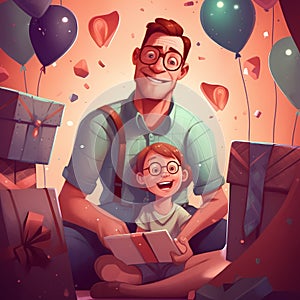 Father with carton child, father and son, Father& x27;s day illustration with parent and child clean design happy illustration