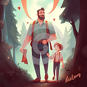 Father with carton child, father and son, Father& x27;s day illustration with parent and child clean design happy illustration