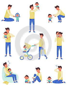 Father Character Nursing and Playing with Baby Vector Illustrations Set. Enjoying Fatherhood Concept