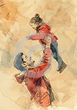 father and child,background of the father lifting the child into the air, full of joy and playfulness.