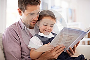 Father, child with book for reading and knowledge, happy with bonding at home and storytelling for education. Man, young
