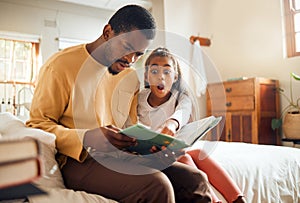 Father, child and book in shock on bed for story time, reading or learning literature sitting at home. Dad and daughter