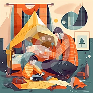 Father and child building a fort: A cozy and imaginative illustration of a father and child building a magical fort out of