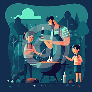 Father and child cooking grilling: A delicious and mouth-watering illustration of a father and child bonding over food