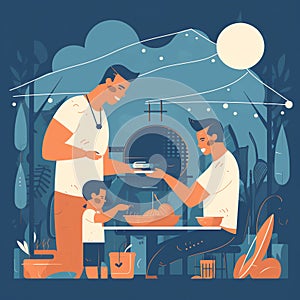 Father and child cooking grilling: A delicious and mouth-watering illustration of a father and child bonding over food