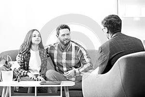 Father and child daughter with girl discussing problems in family with family psychologist. Discussion of family