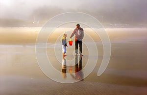 Father Child Explore Beach on Foggy Day