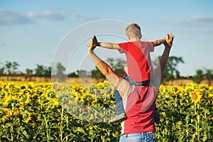 Father with child in a field of blooming sunflowers