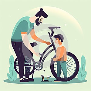 Father and child fixing a bike: A practical and educational illustration of a father teaching his child how to maintain and fix a