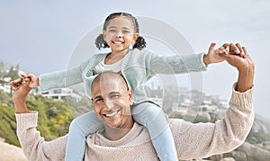 Father, child and holding hands on shoulders for happy relationship, bonding and smile in the outdoors. Portrait of dad