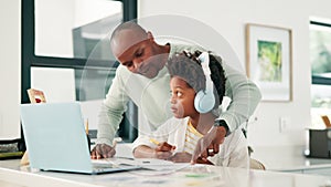 Father, child and laptop or helping with homework for elearning school at home for education, knowledge or studying. Man