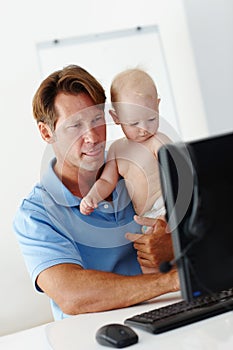 Father, child and multitasking at computer in house for trade, online career and business proposal for job. Professional