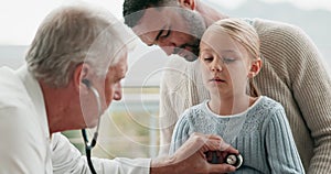 Father, child and pediatrician with stethoscope on lungs, heart and breathing test for kids healthcare service. Dad