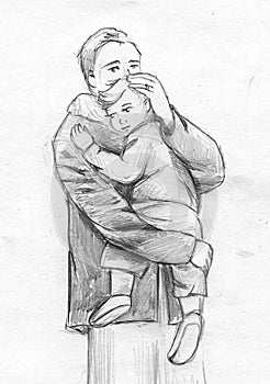 Father and child pencil sketch photo