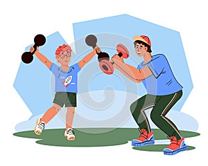 Father and child playing sports together, flat vector illustration isolated.