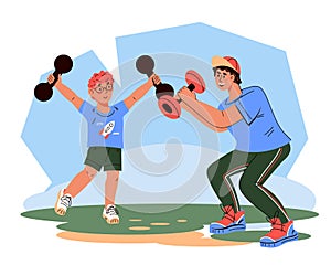 Father and child playing sports together, flat vector illustration isolated.