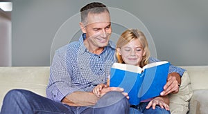 Father, child and reading book for education at home, story and fantasy fiction for learning. Daddy, daughter and