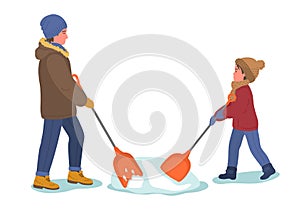 Father with child shoveling snow. Man with boy in warm clothes