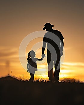 Father and child silhouette, Fathers Day, sunset backlit, heartwarming , clean sharp focus photo