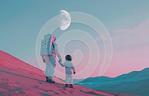 Father and a child in space suits holding hands standing on a pastel pink desert.