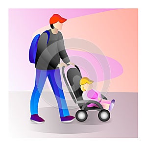 Father with a child on a walk. Family with baby walking in outdoor. Father with a baby in a stroller.