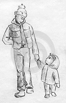 Father and child walking - pencil sketch photo