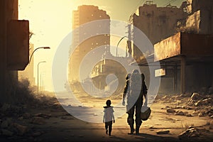 Father with child walking in postapocalyptic city