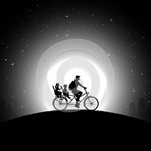 Father with children on bicycle. Family on bike. Full moon in sky