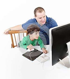 Father and children with computer