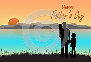 Father and children with Happy Father`s day text on sunset or su