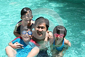 Father and children in the pool