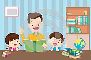 Father with children reading book