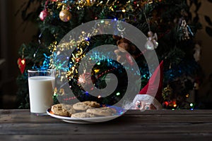 Father Christmas toy watching unfocussed cookies and glass of milk