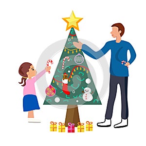 Father and daughter arranging decorations on Christmas tree. vector illustration