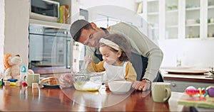 Father daughter and baking in kitchen for fun with learning at house with teaching and for food. Dad, cooking and girl