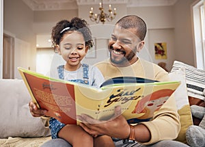 Father, daughter and book on sofa with smile, bonding and love in storytelling in living room together. Happiness, man