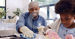 Father, daughter and cleaning with glove in kitchen for bonding, happiness and teaching in home or house. Black family