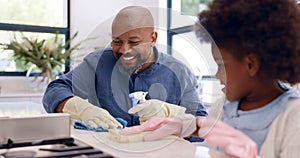 Father, daughter and cleaning with gloves in kitchen for bonding, happiness and teaching in home or house. Black family